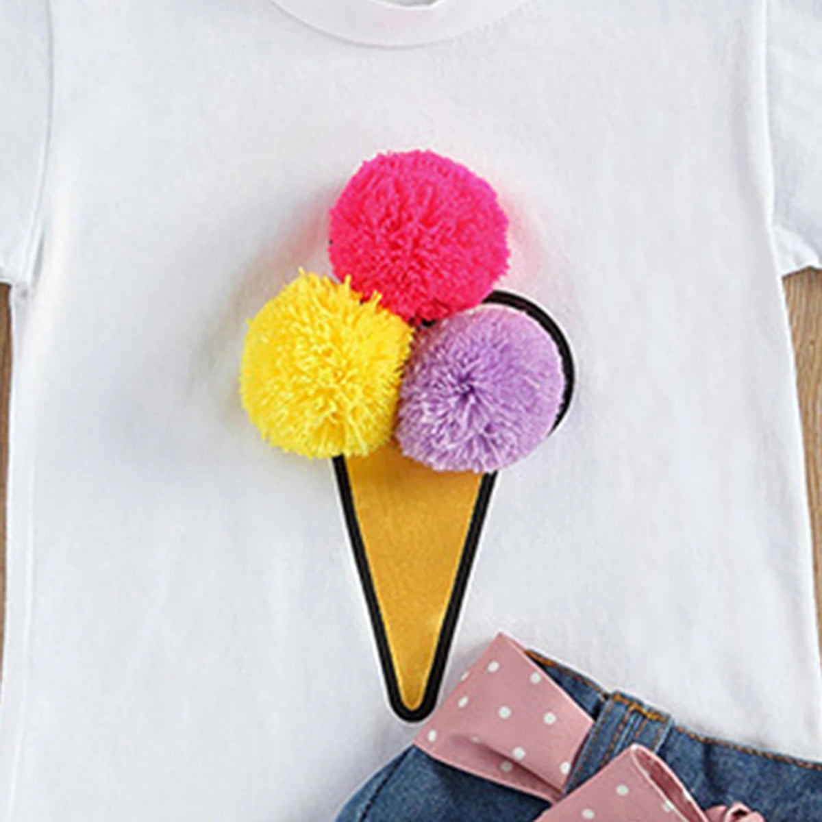 Girls White Ice-Cream Printed Short Sleeve Top With Distressed Denim Shorts Sets 2 pc. Sets