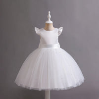 Girls White Pearl-Embellished Flutter Sleeve Party Wear Dress Party Dresses White 1-2 Y
