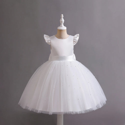 Girls White Pearl-Embellished Flutter Sleeve Party Wear Dress Party Dresses White 1-2 Y