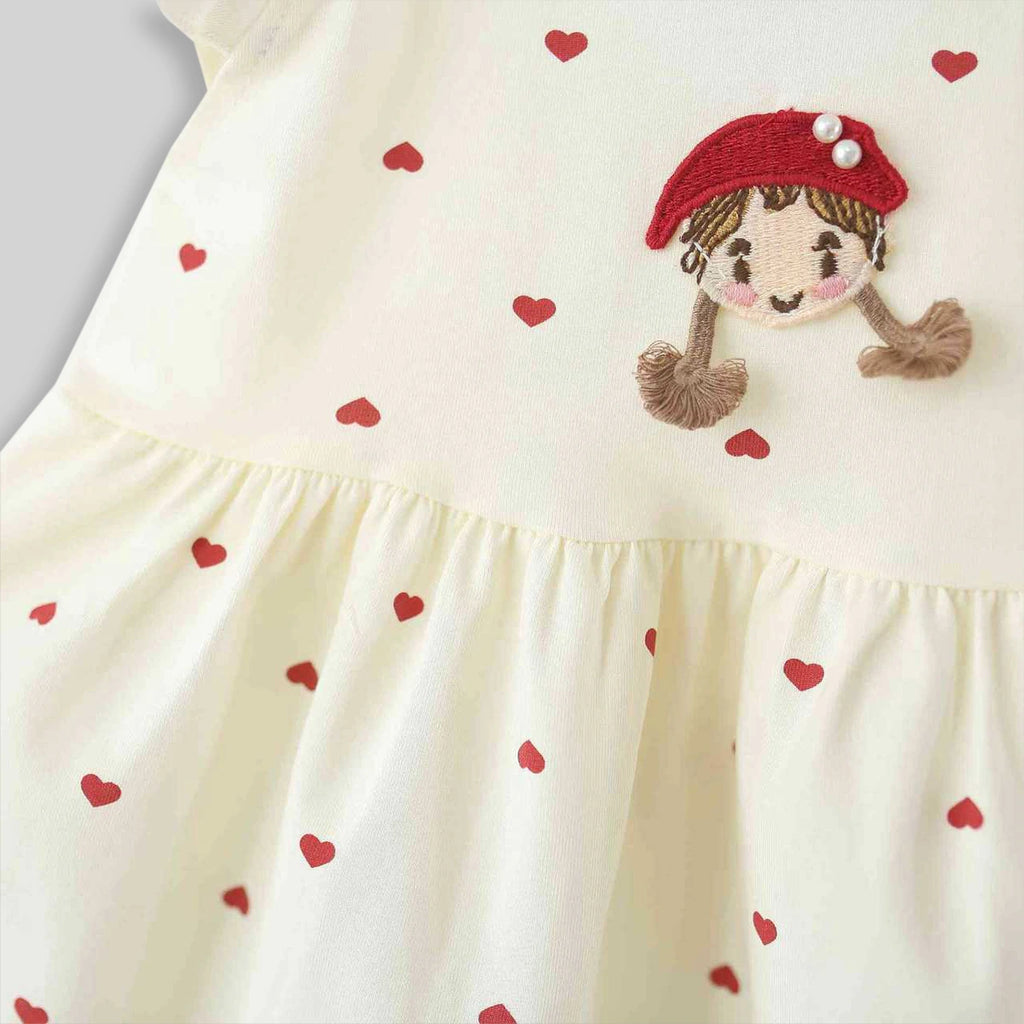 Girls White Heart Printed Flutter Sleeve A-line Dress With Applique Casual Dresses