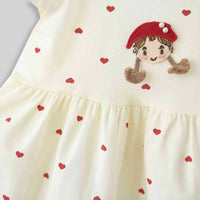 Girls White Heart Printed Flutter Sleeve A-line Dress With Applique Casual Dresses