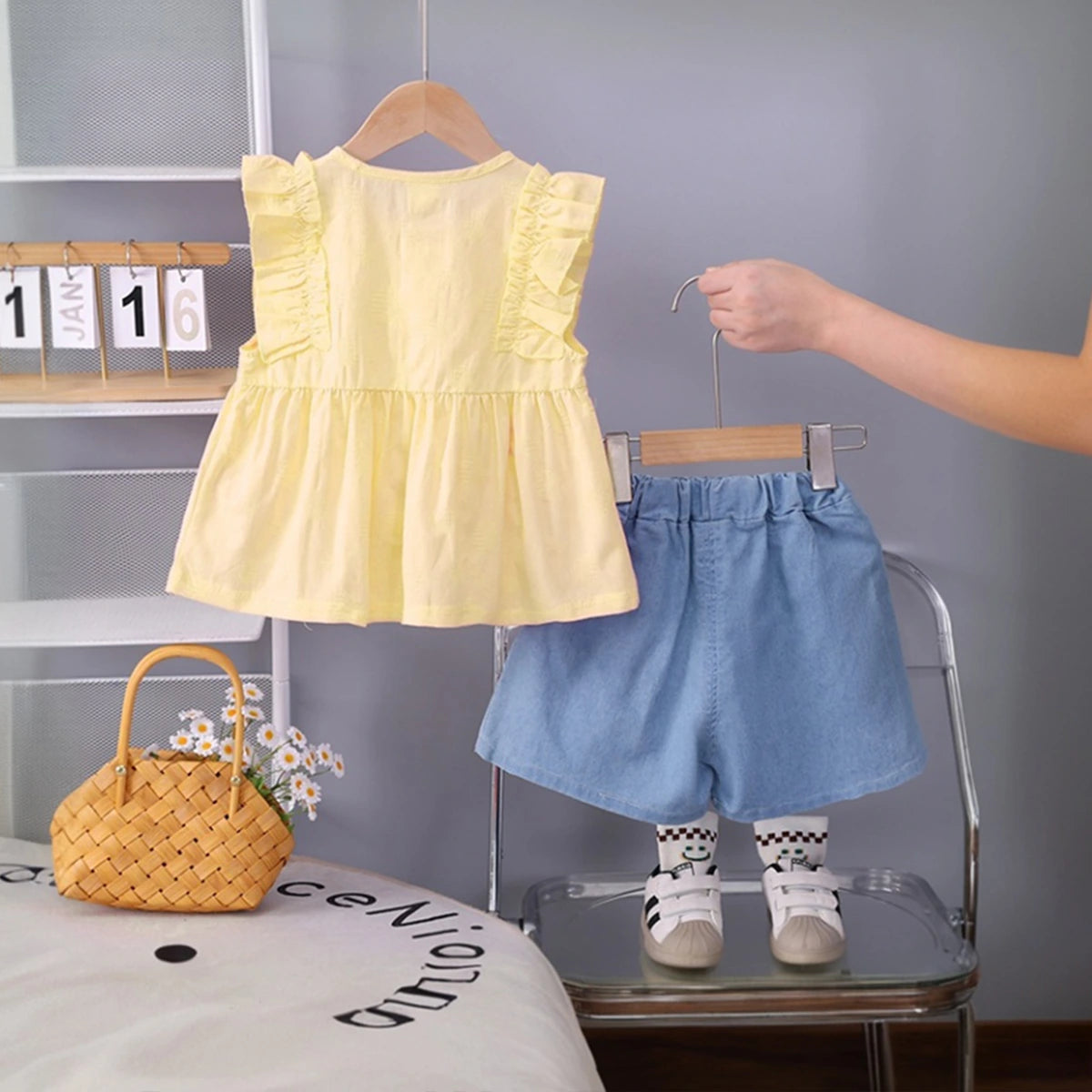 Girls Lime Yellow Self Design Top With Pleated Denim Shorts Set Sets