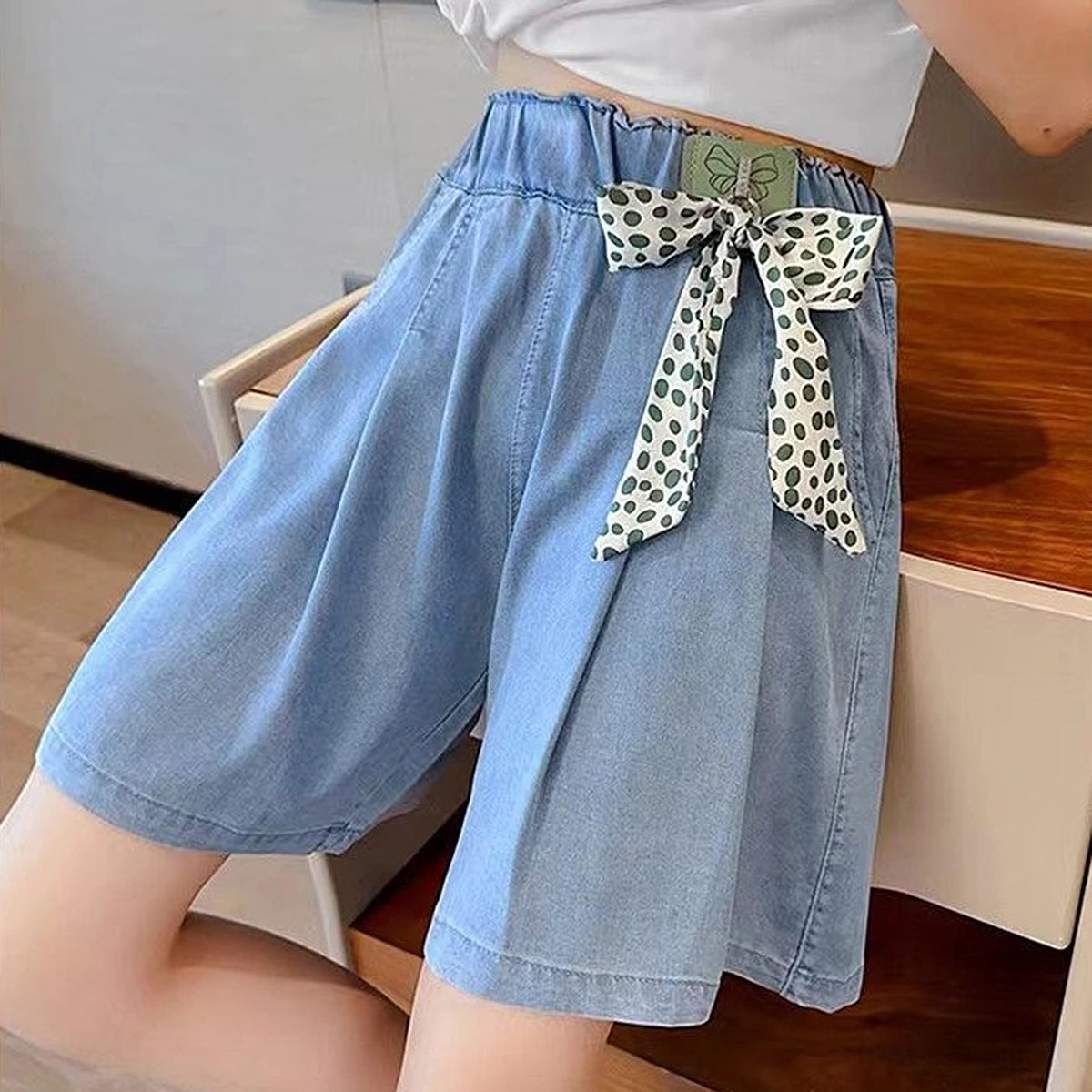 Girls Blue Bow Applique Loose Fit Denim Shorts Shorts