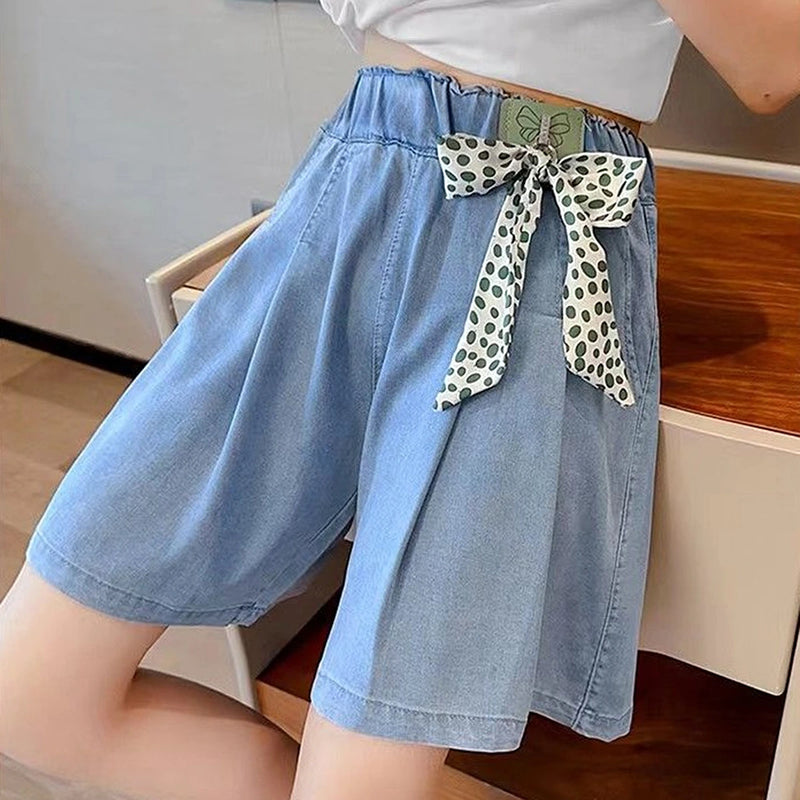 Girls Blue Bow Applique Loose Fit Denim Shorts Shorts