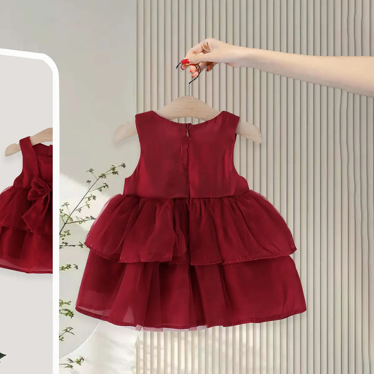 Girls Maroon Layered Party Dress With Big Bow Applique Party Dresses