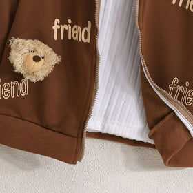 Girls Brown Friend Printed Front Zipper Hooded Winter Jacket Coats & Jackets