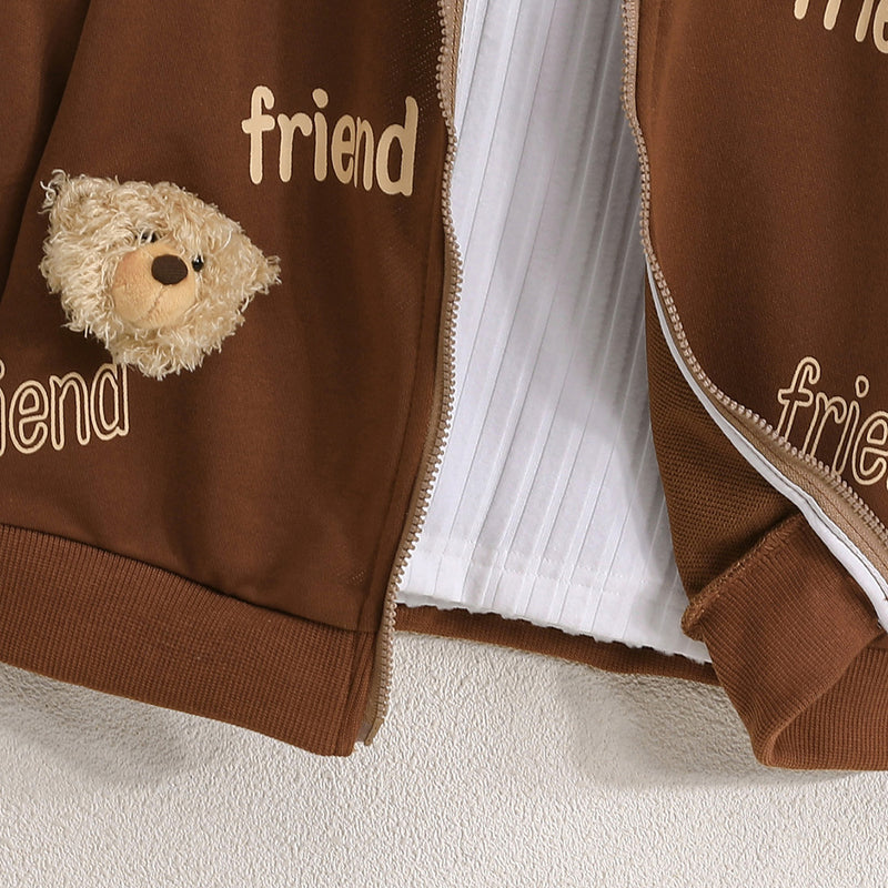 Girls Brown Friend Printed Front Zipper Hooded Winter Jacket Coats & Jackets