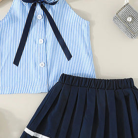 Girls Blue Striped Sleeveless Top With Pleated Skirt Sets 2 pc. Sets