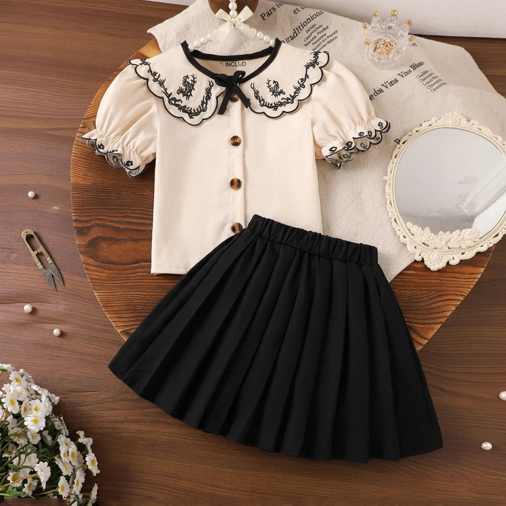 Girls Apricot Embroidered Peter Pan Collar Top With Skirt Sets 2 pc. Sets Apricot 2-3 Y