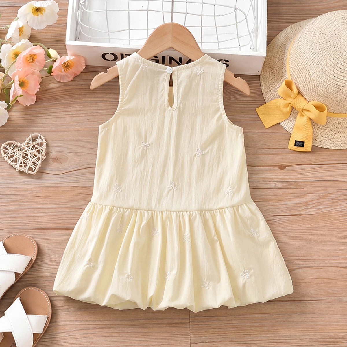 Girls Yellow Bow Print Sleeveless Balloon Dress Casual Dresses