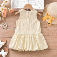 Girls Yellow Bow Print Sleeveless Balloon Dress Casual Dresses