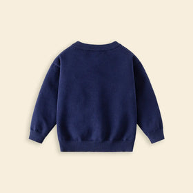 Girls Navy Blue Bear Face Embroidered Button Down Knitted Cardigan Sweaters & Cardigans