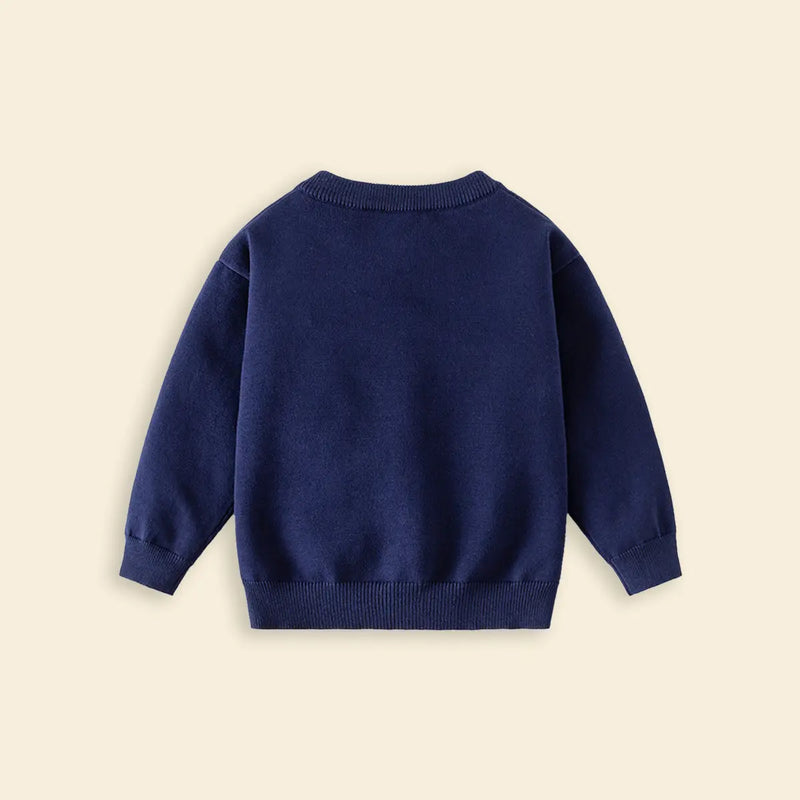 Girls Navy Blue Bear Face Embroidered Button Down Knitted Cardigan Sweaters & Cardigans