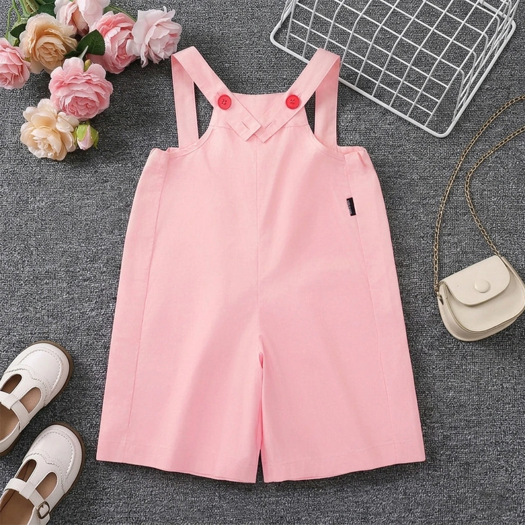 Girls Pink Solid Button Detail Sleeveless Dungaree Jumpsuits Pink 2-3 Y