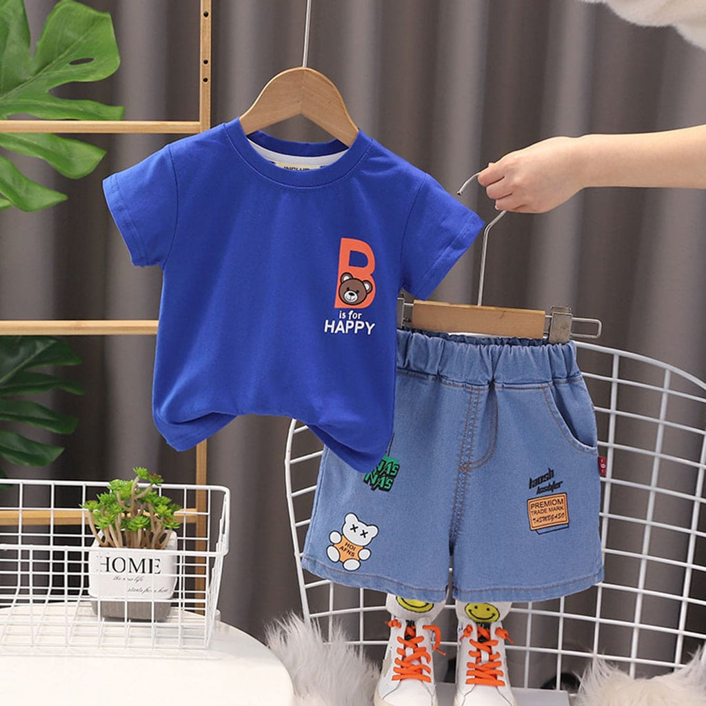 Boys Bear Print T-Shirt With Denim Shorts
