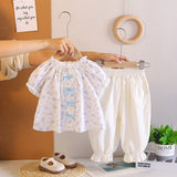 Girls Light Blue Floral Printed Bow Appliqued Top With Pants Sets