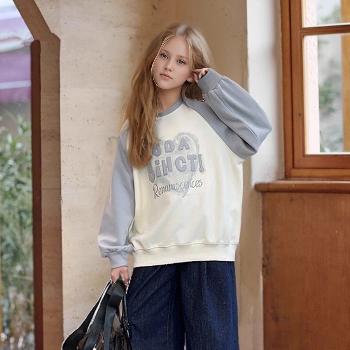 Girls Grey Typographic Printed Raglan Winter Sweatshirts Sweatshirts & Hoodies