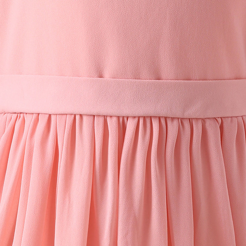 Girls Peach Solid Laced Short Sleeves Drop Waist Dress Casual Dresses