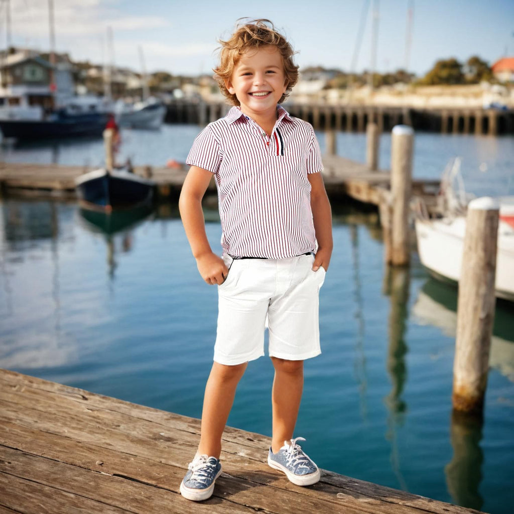 Boys Casual Stripe Print Shirt With Solid Shorts Clothing Sets
