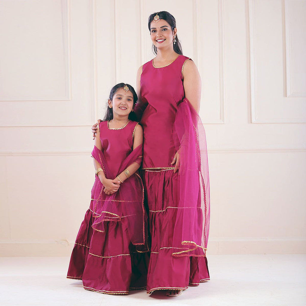 Wine Mom & Daughter Tiered Lehenga-Kurta with Dupatta Set Mom & Daughter Wine S 1-2 Y