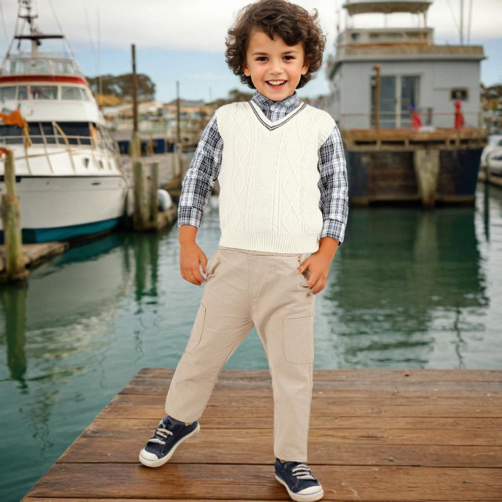 Boys White Flannel Shirt Trouser with Sweater Set