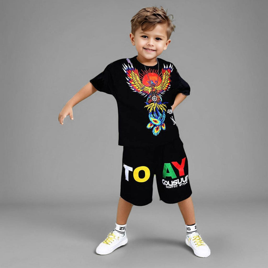 Boys Black Graphic T-Shirt With Graphic Shorts Sets Black 3-4 Y