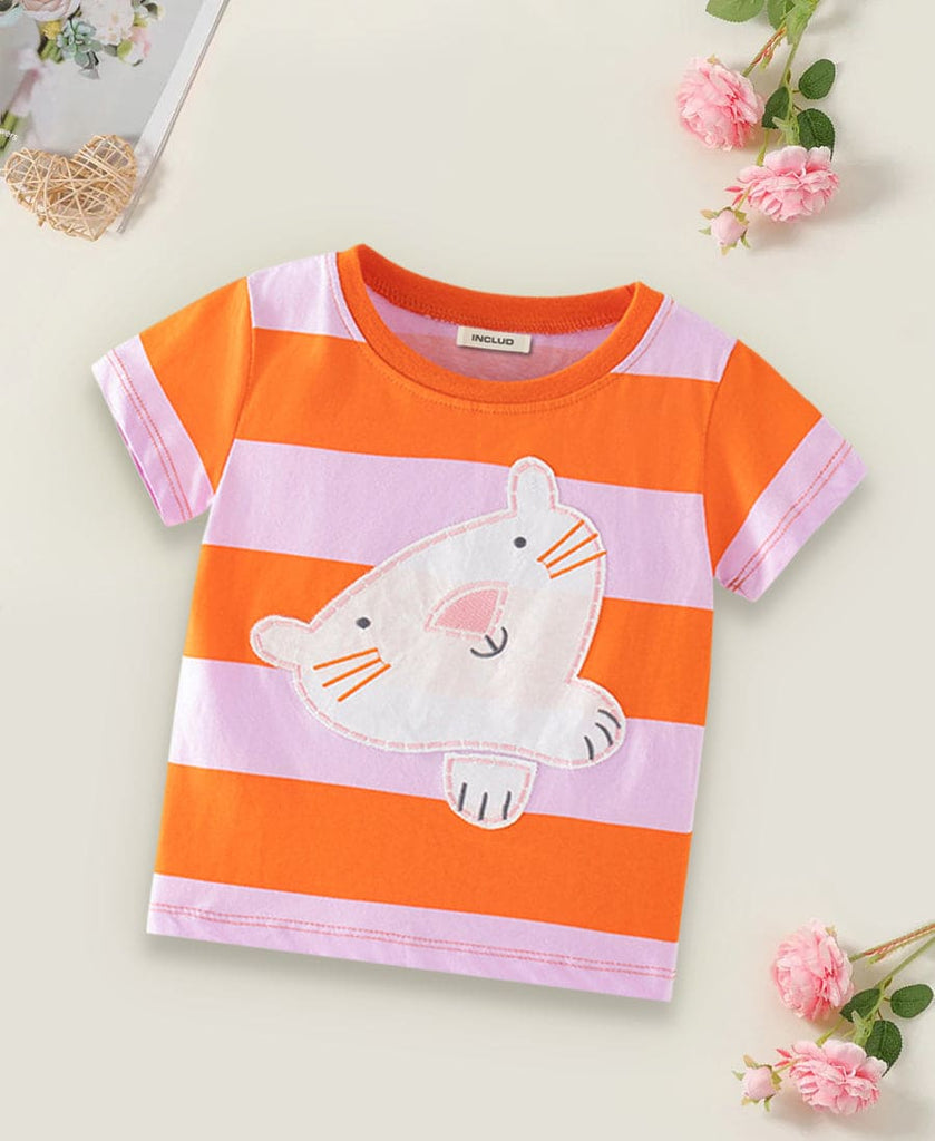 Girls Striper Cat Print T-Shirt