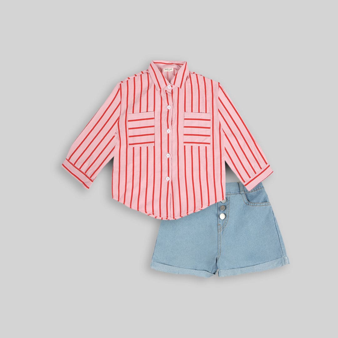 Girls Long Sleeve Stripes Shirt With Sleeveless Top & Denim Shorts Sets   