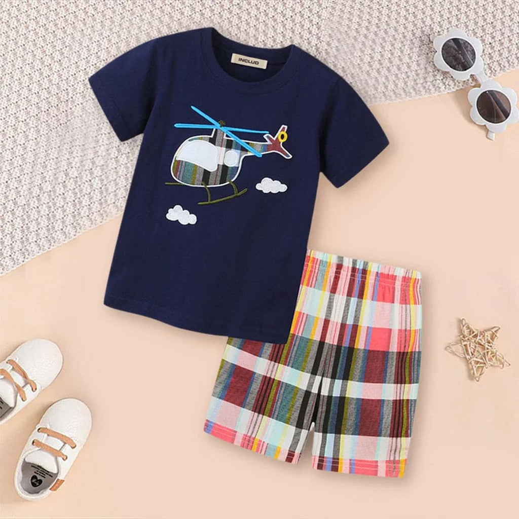 Boys Helicopter Print T-shirt & Checkered Shorts Set