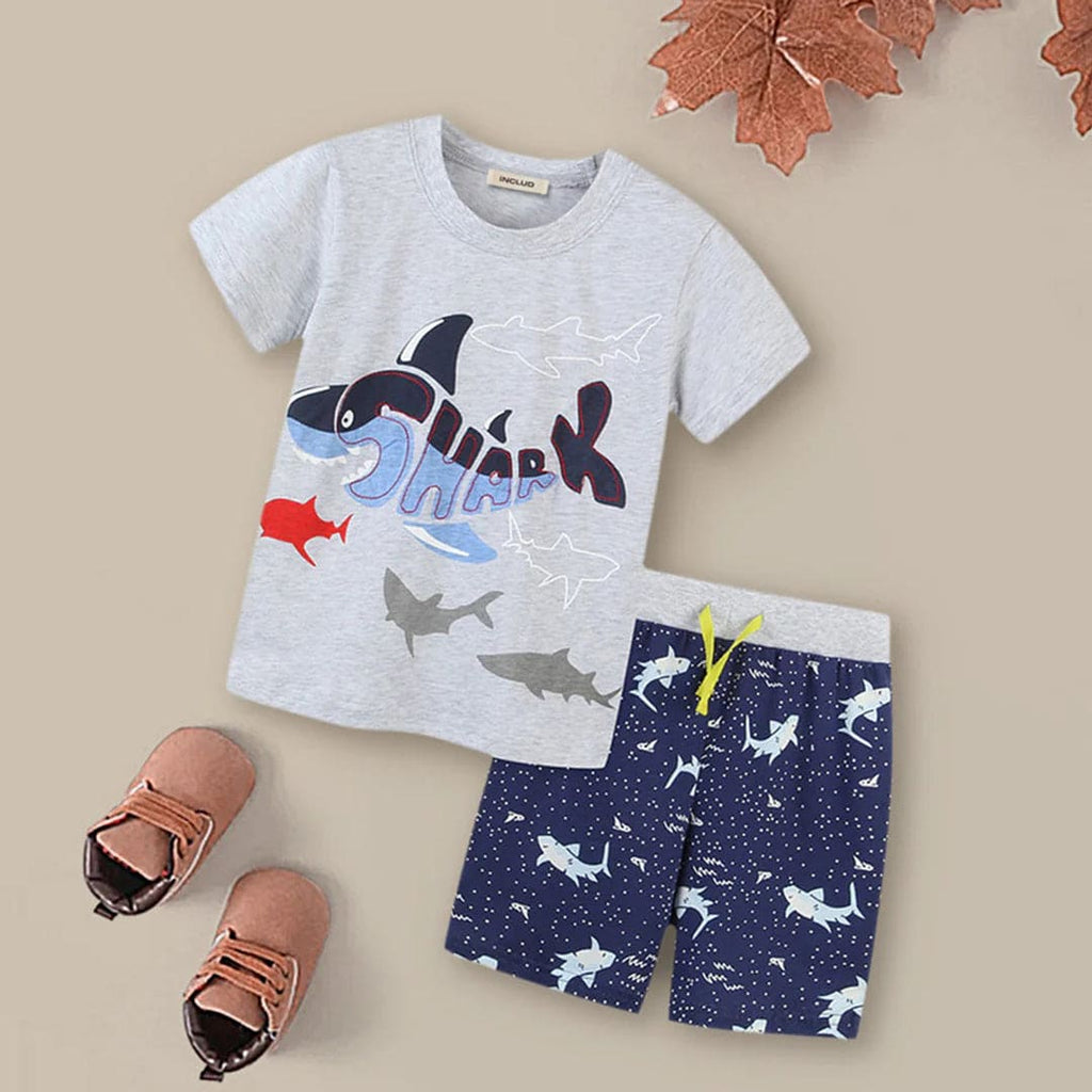 Boys Shark Print T-shirt & Printed Shorts Set