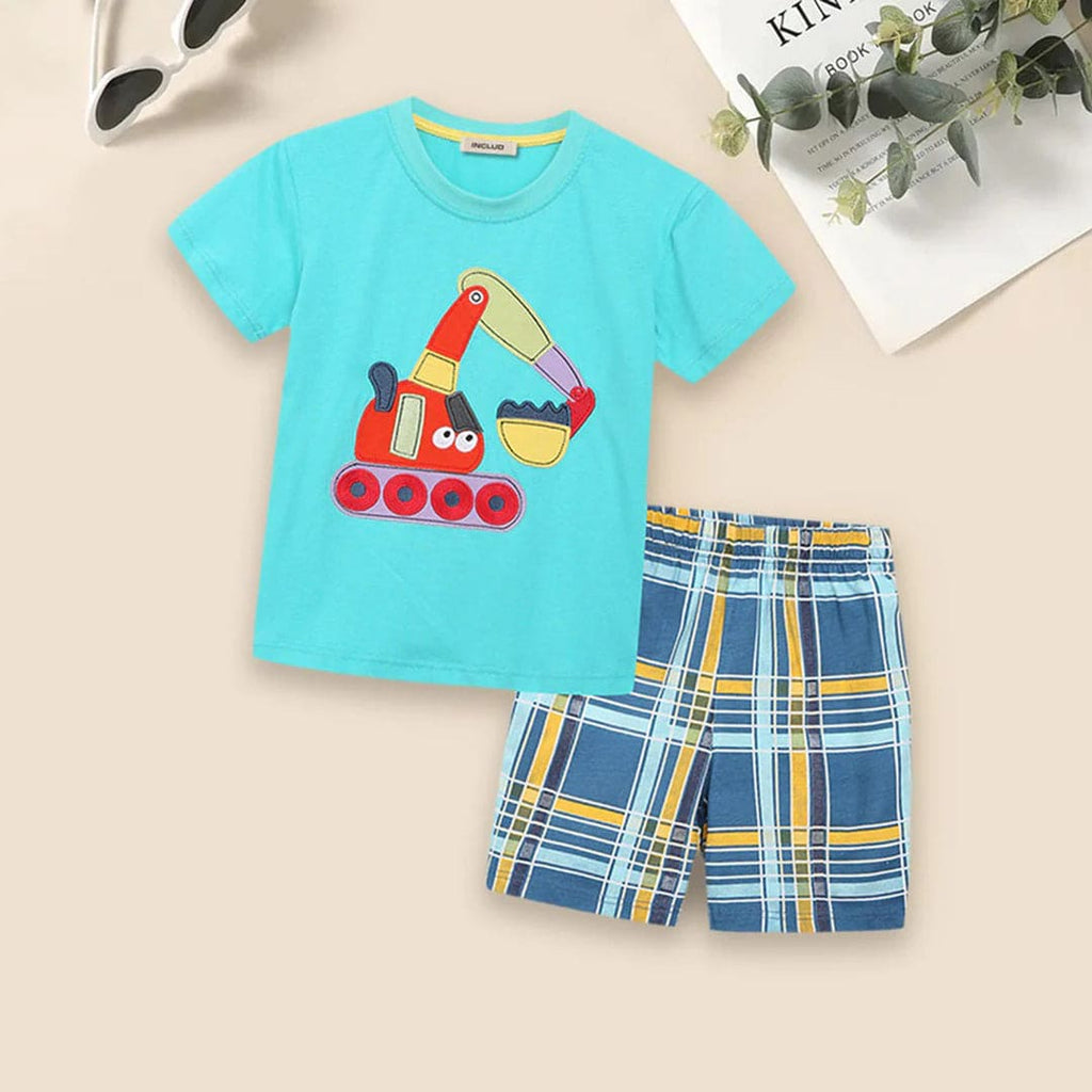 Boys Crane Motif T-shirt & Checkered Shorts Set