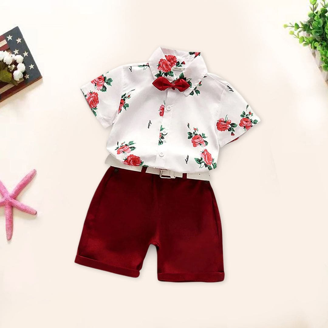Boys Floral 2 Piece Set with Bow & Belt Sets Red 1-2 Y 