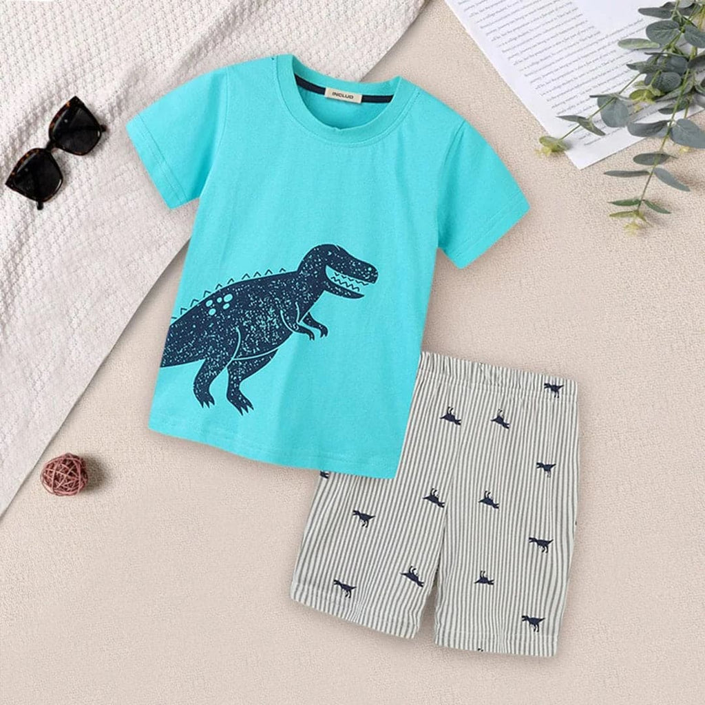 Boys Dinosaur Print T-shirt with Striped Shorts Set