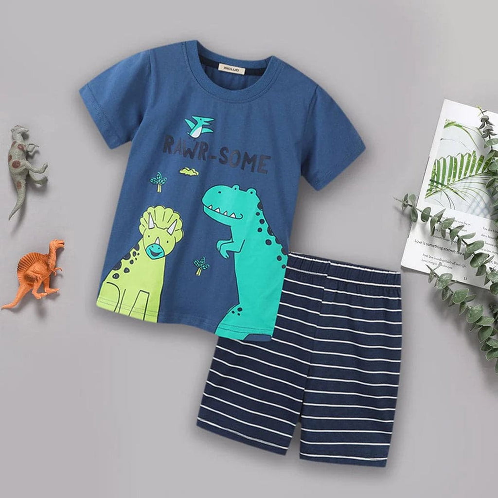 Boys Dinosaur Print T-shirt & Striped Shorts Set