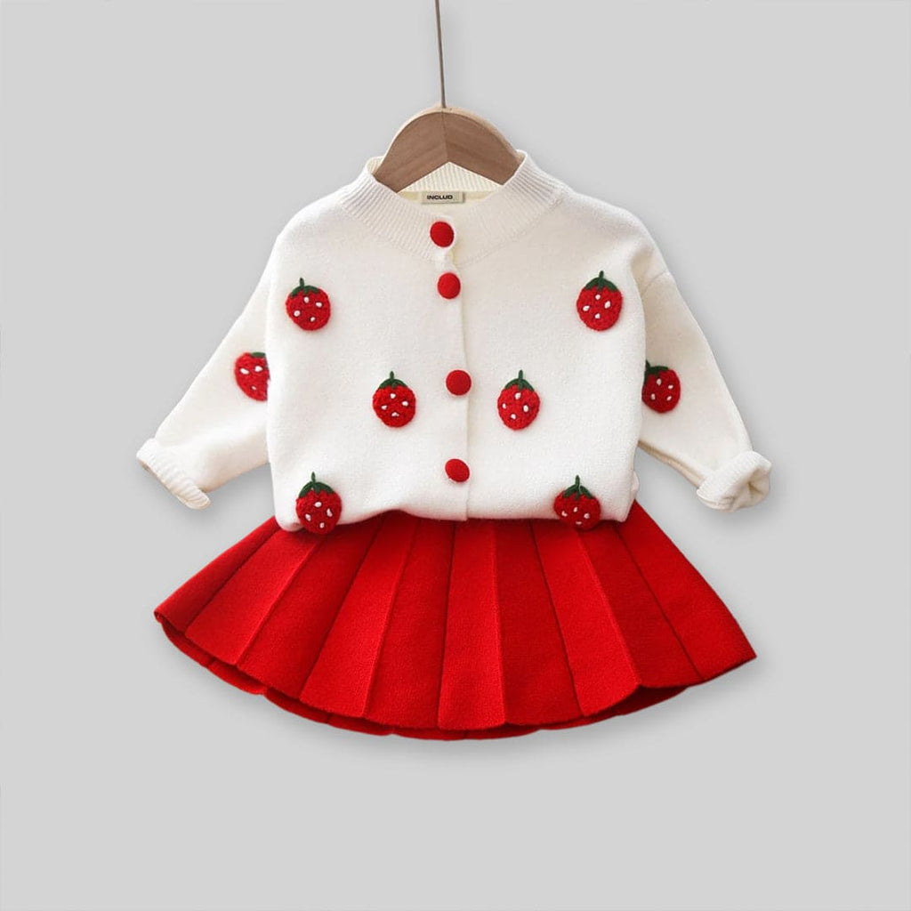Girls Embroidered Cardigan with Pleated Skirt Set
