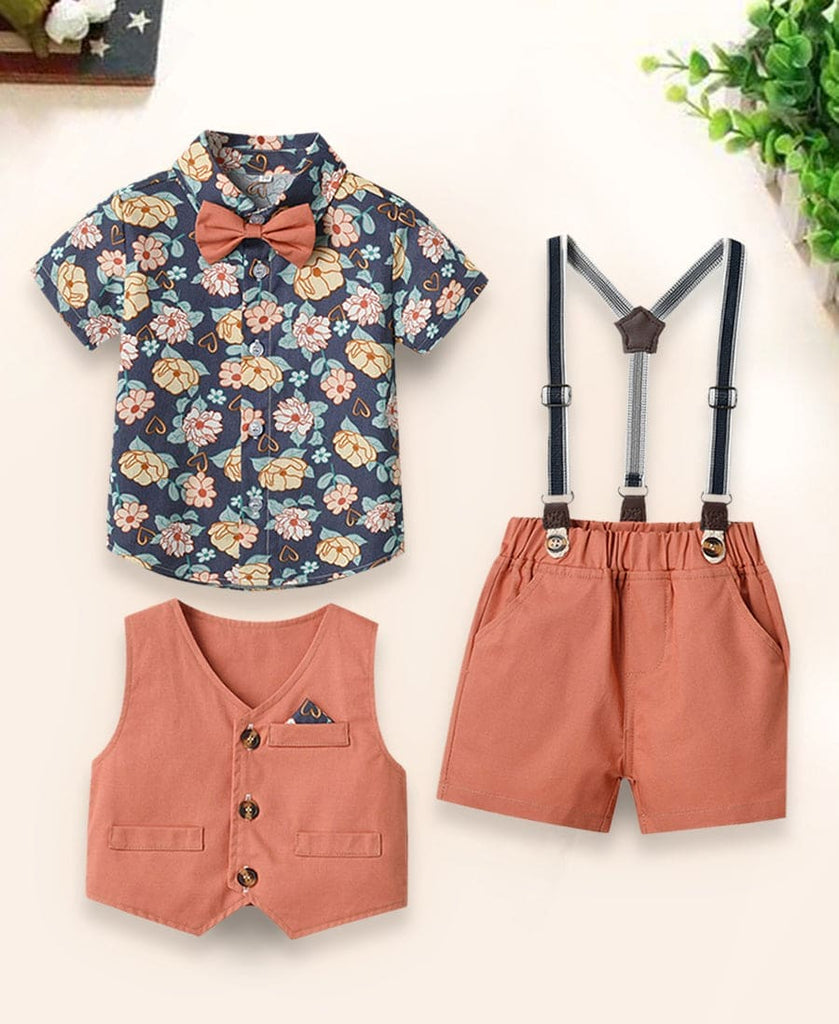 Boys Orange Party Wear 3Pc Clothing Sets (Shit,Waistcoat,Suspender) Sets Style 4 1-2 Y 