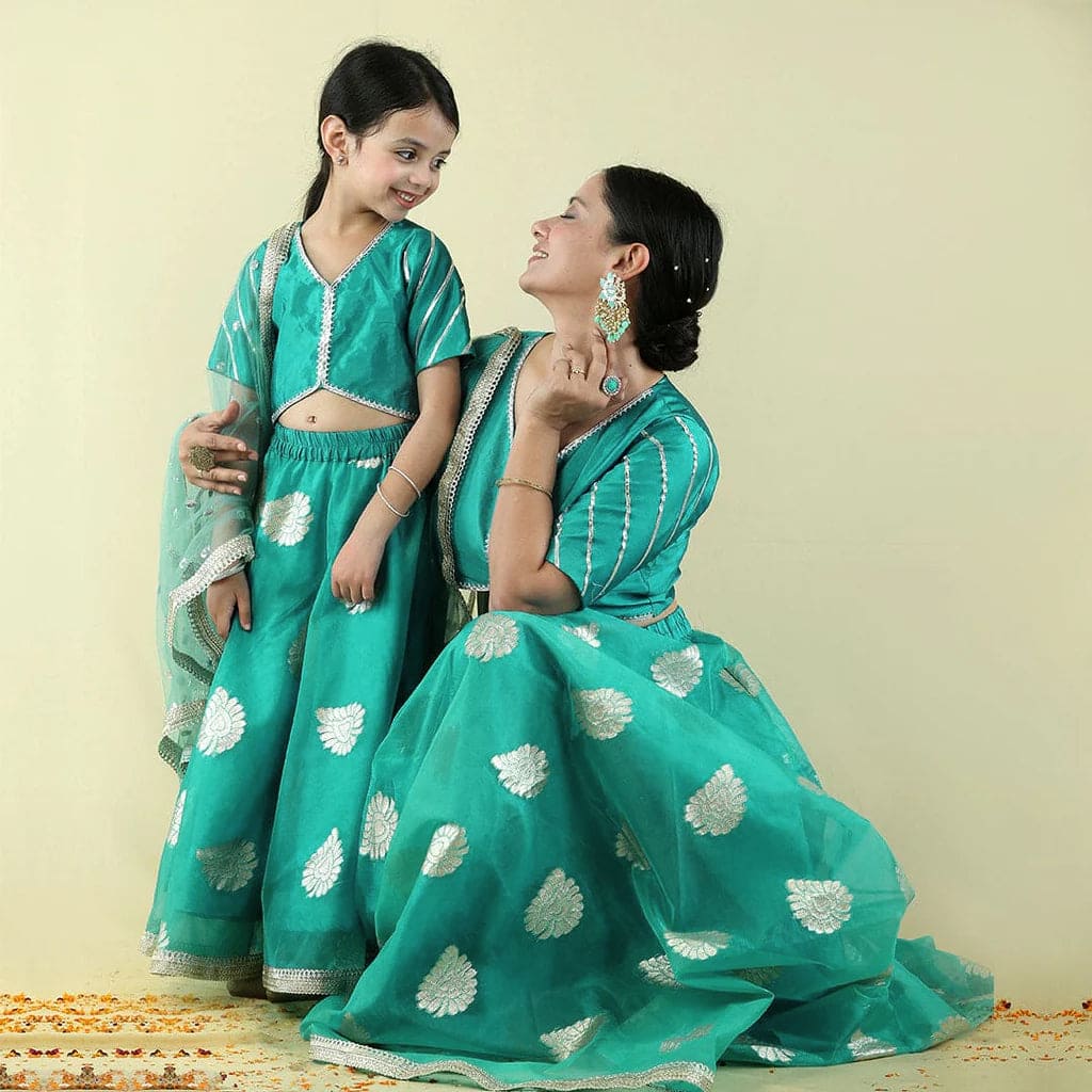 Teal Brocade Mom & Daughter Lehenga Choli Set Mom & Daughter Teal S 1-2 Y