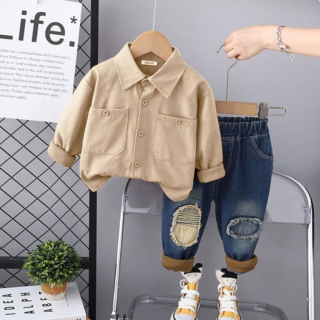 Boys Khaki Patch Pocket Shirt With Denim Jeans Set Sets Khaki 1-2 Y 