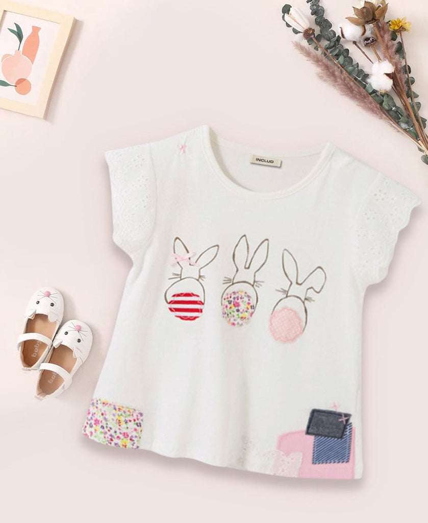 Girls Bunny Print T-Shirt with Applique