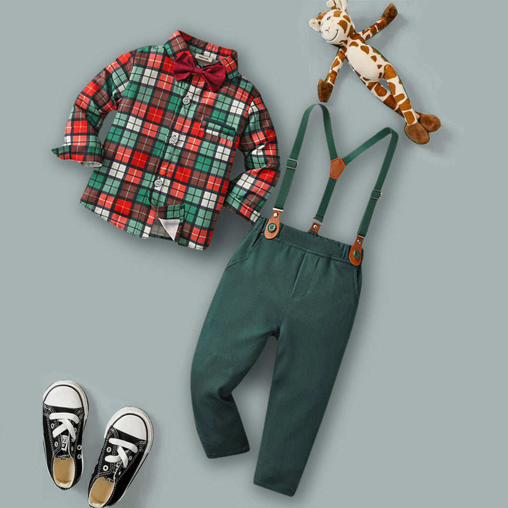 Boys Checkered Shirt with Suspender Trousers Set