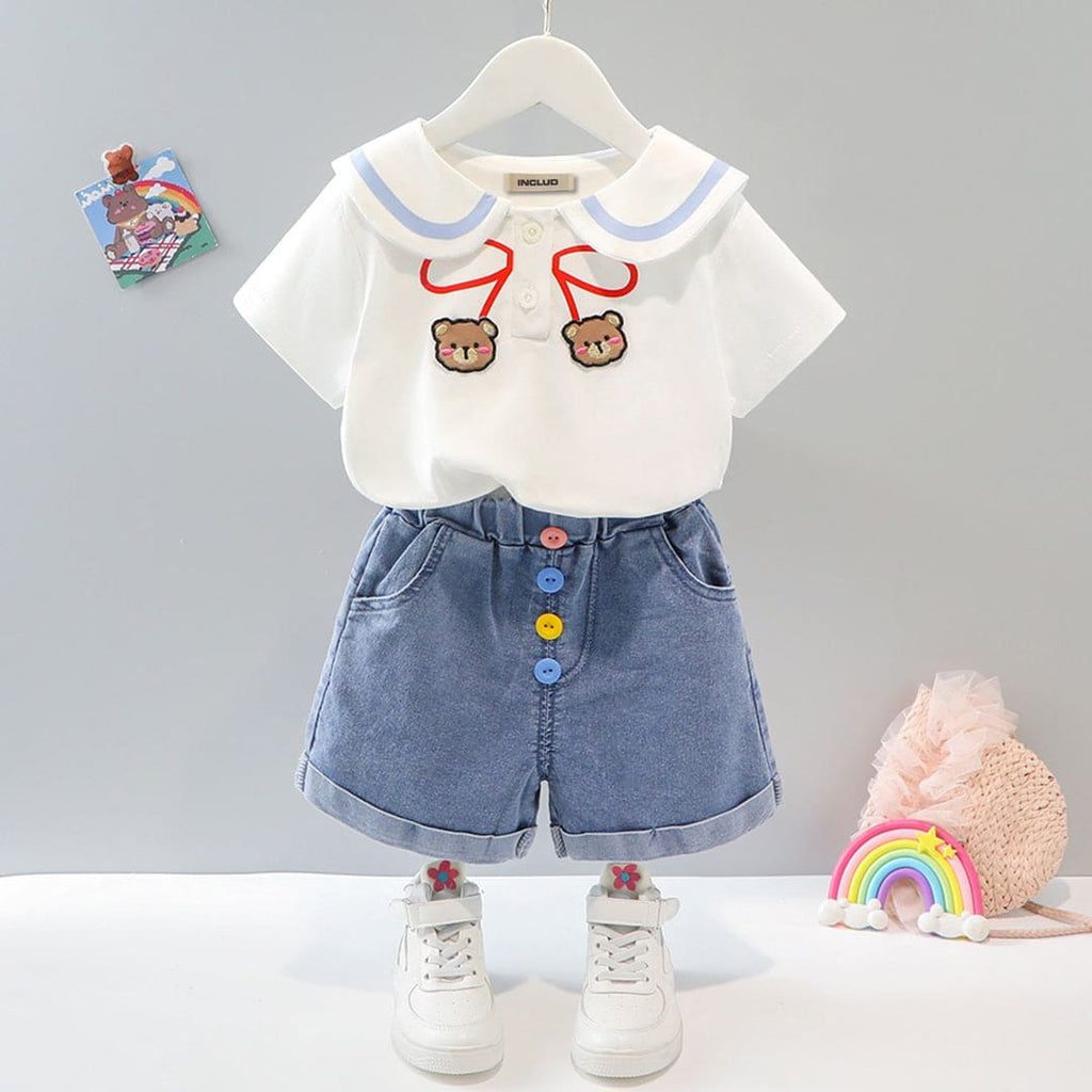 Girls White T-shirt with Denim Shorts Set Sets White 1-2 Y 