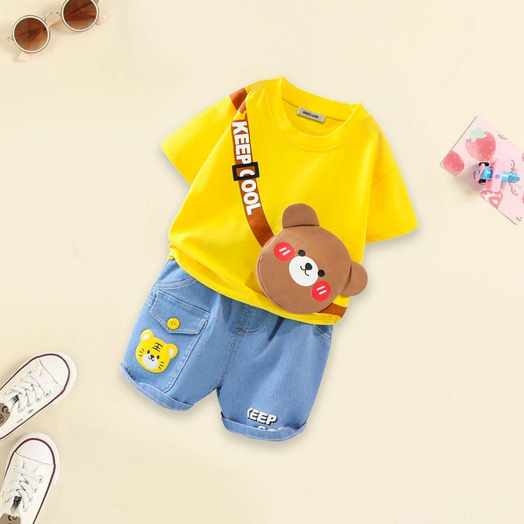 Boys Yellow 3D Patch Applique T-shirt & Denim Shorts Set