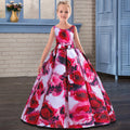 Girls Floral Print Pleated Gown Party Dresses Red 6-7 Y 