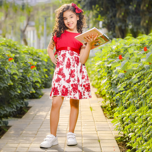 Girls Red Floral Print Flared Sleeve Fit & Flare Dress Casual Dresses Red 4-5 Y