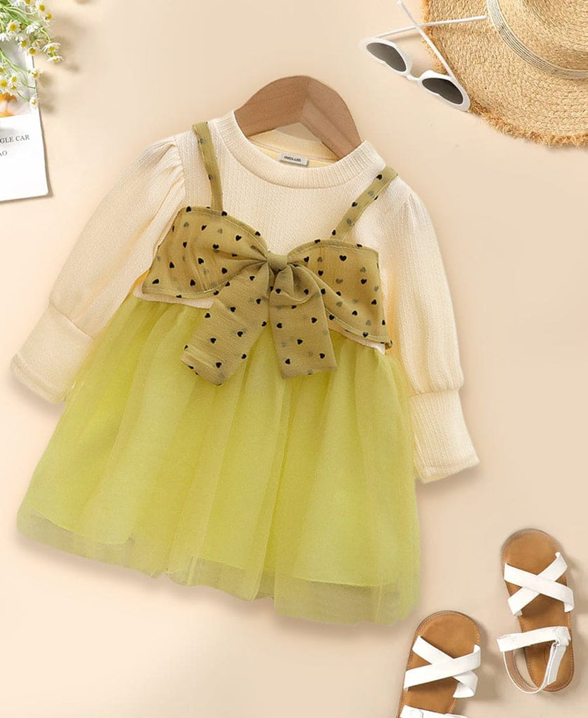 Girls Tulle Overlay Dress with Bow Applique