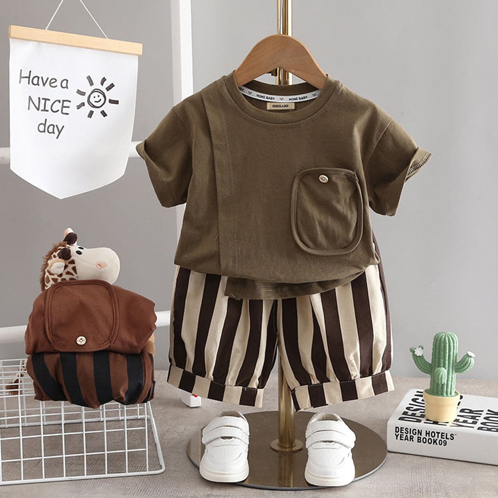 Boys Olive T-shirt with Striped Shorts Set