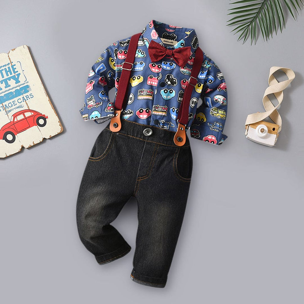 Boys Bow-Tie Printed Shirt with Suspender Denims Set