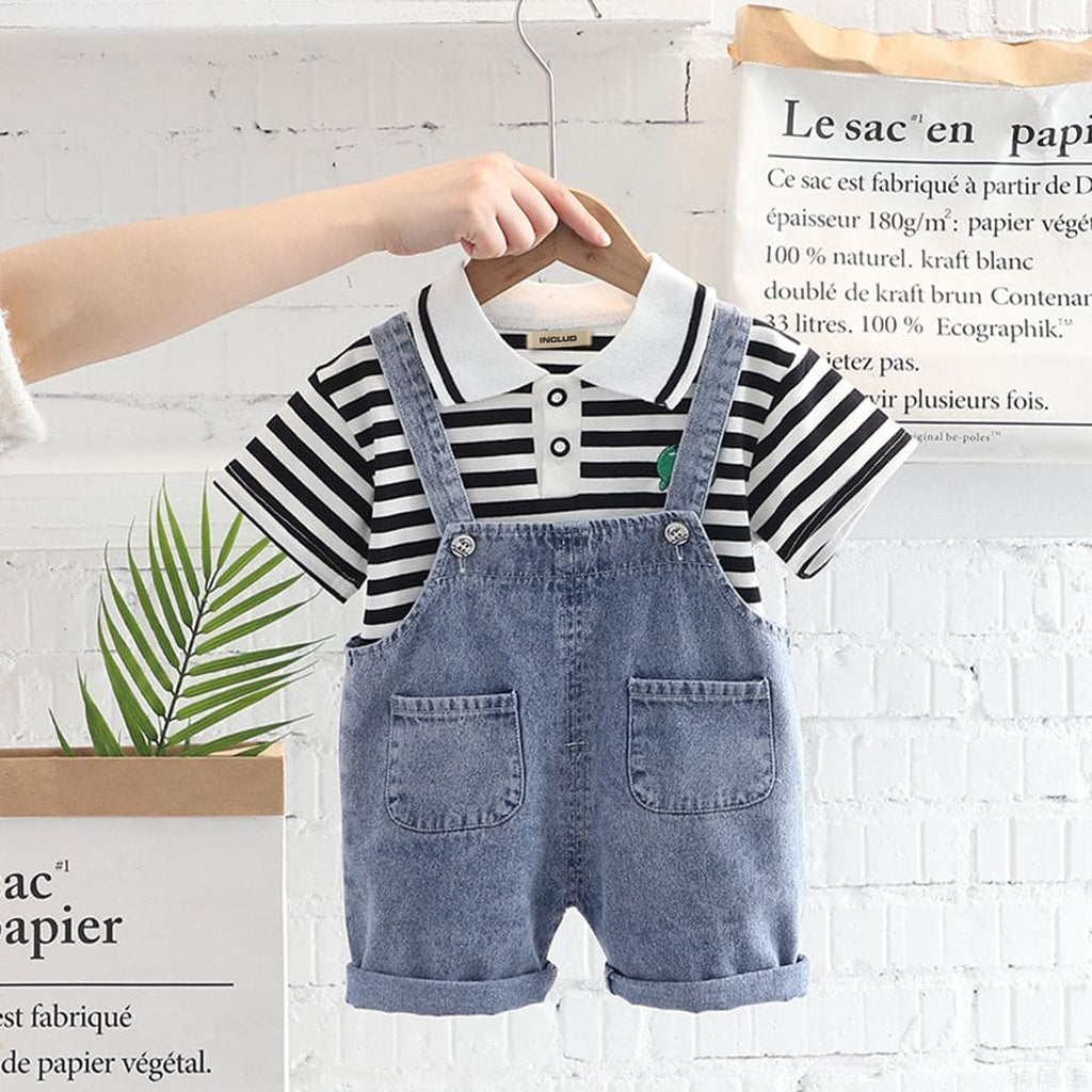 Boys Black Striped Polo T-shirt with Denim Dungaree Set Sets Black 1-2 Y 