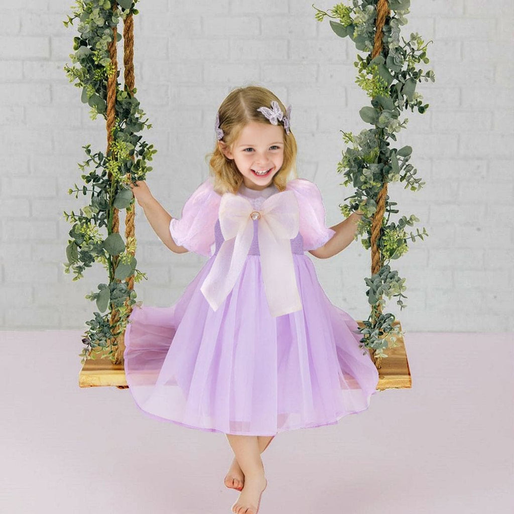 Girls Dress with Puffed Sleeves and Bow