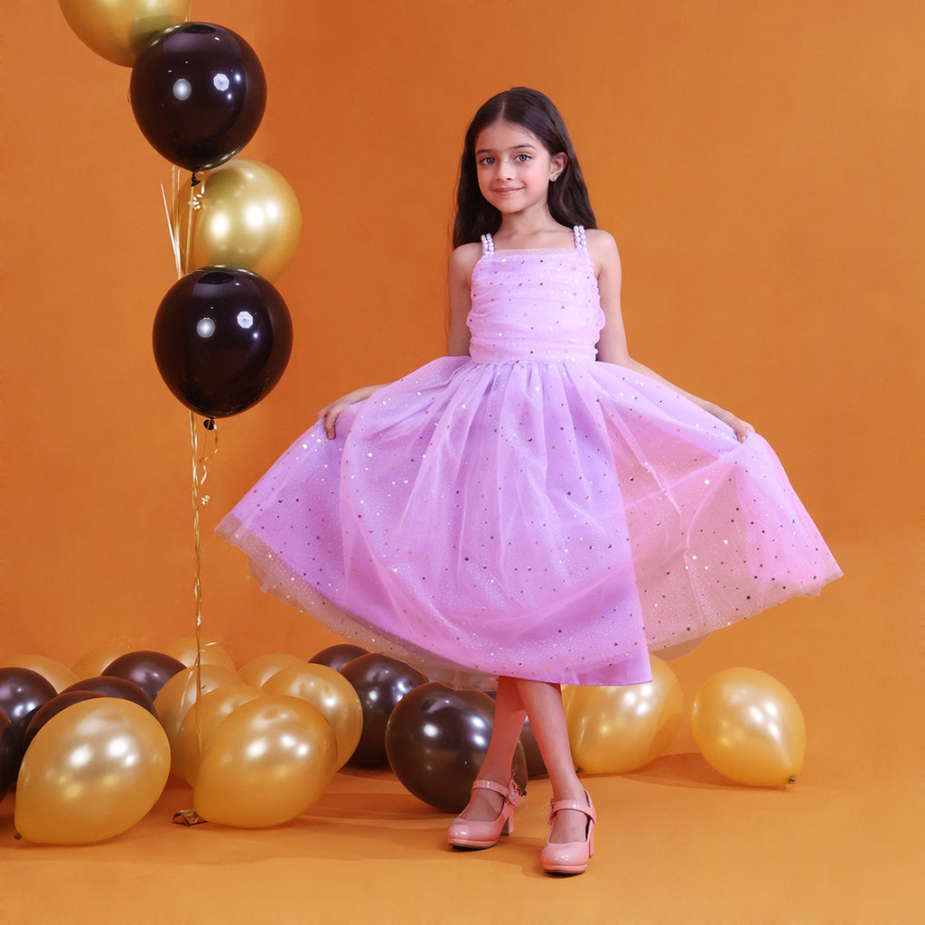 Girls Lilac Glitter Tulle Party Dress with Beaded Straps Party Dresses Lilac 3-4 Y